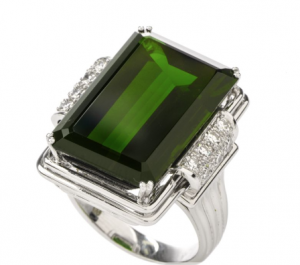 Estate Green Tourmaline Diamond 18K White Gold Cocktail Ring
