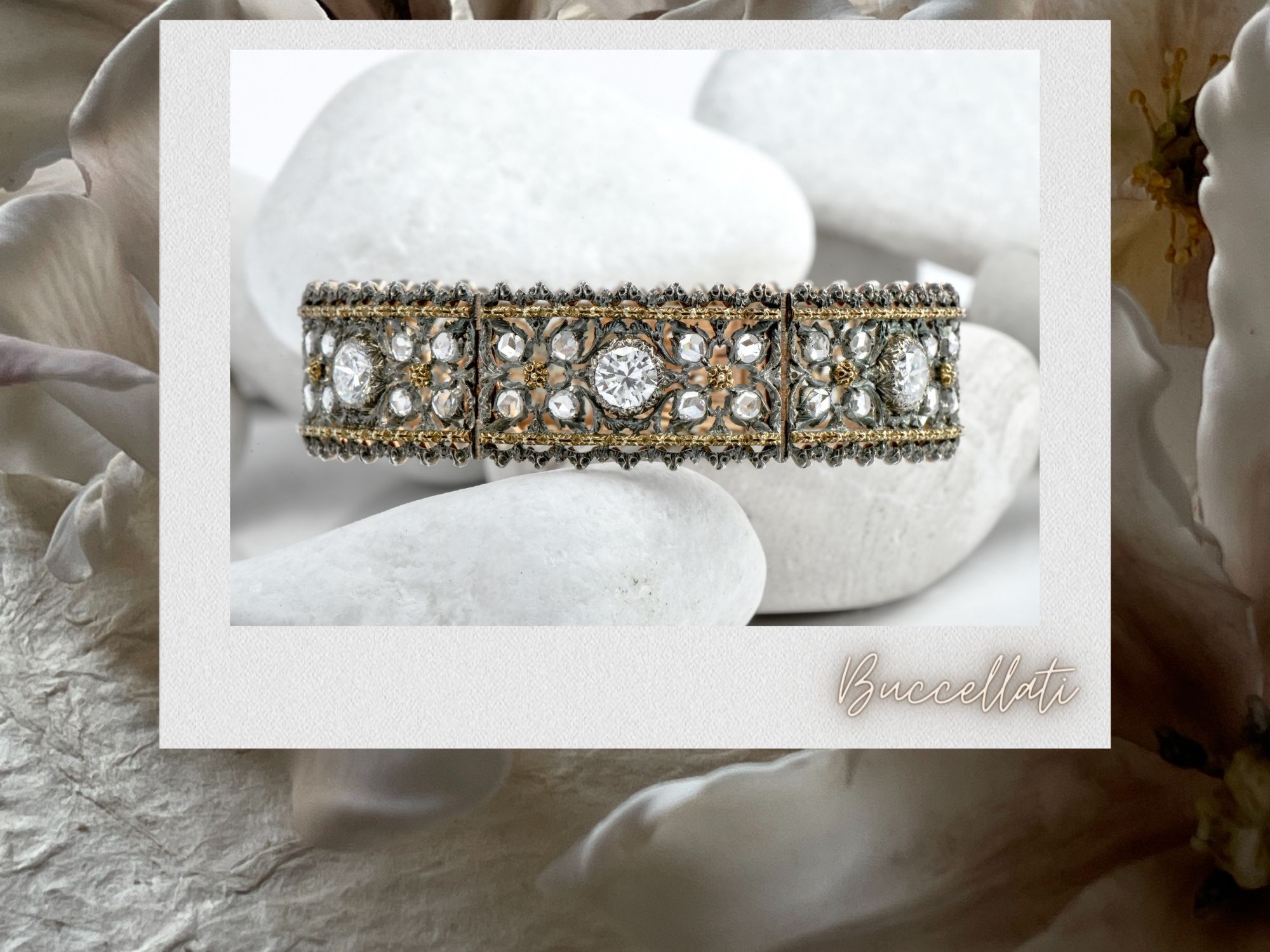 Buccellati Vintage Rose Cut Diamond 18K Gold Silver Flower Flex Link Bracel