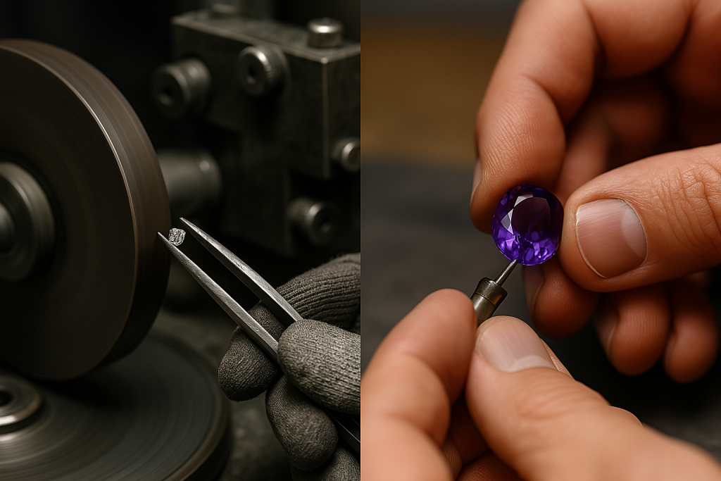 Close-up of a diamond cutter and a gemstone cutter working on their respective stones.