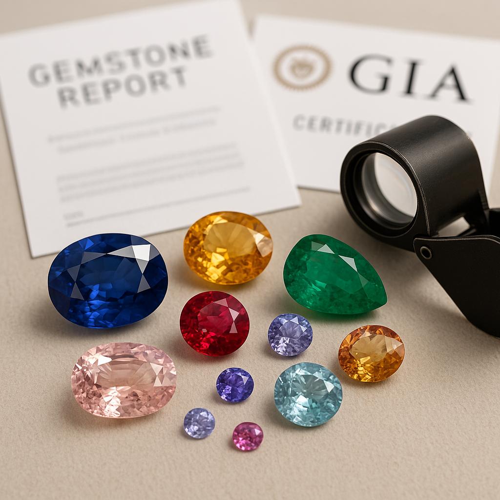 A selection of colorful gemstones including blue sapphire, yellow sapphire, green emerald, red ruby, pink tourmaline, and others, arranged on a light background with GIA certificates and a magnifying loupe for inspection