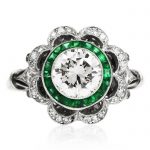 Art Deco Style Diamond Emerald Flower Floral Engagement Ring