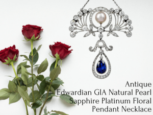 Antique Edwardian GIA Natural Pearl Sapphire Platinum Floral Pendant Necklace