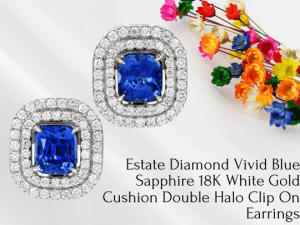 Estate Diamond Vivid Blue Sapphire 18K White Gold Cushion Double Halo Clip On Earrings Dover Jewelry Brickell