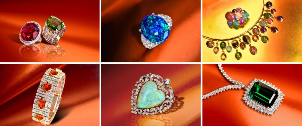 October birthstone jewelry collection featuring opal rings, tourmaline rings, multicolor tourmaline necklace, fire opal bracelet, heart-shaped opal brooch, and emerald green tourmaline pendant set in gold and diamond designs. dover jewelry