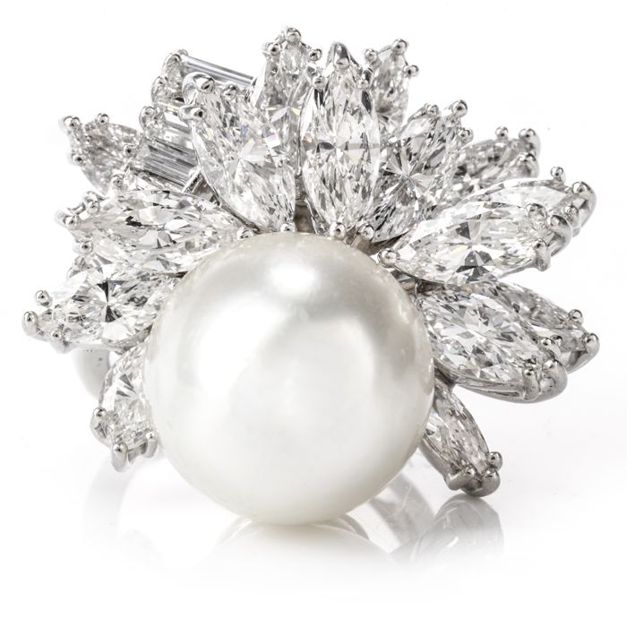 Exquisite Vintage Diamond and Pearl Floral Platinum Cocktail Ring
