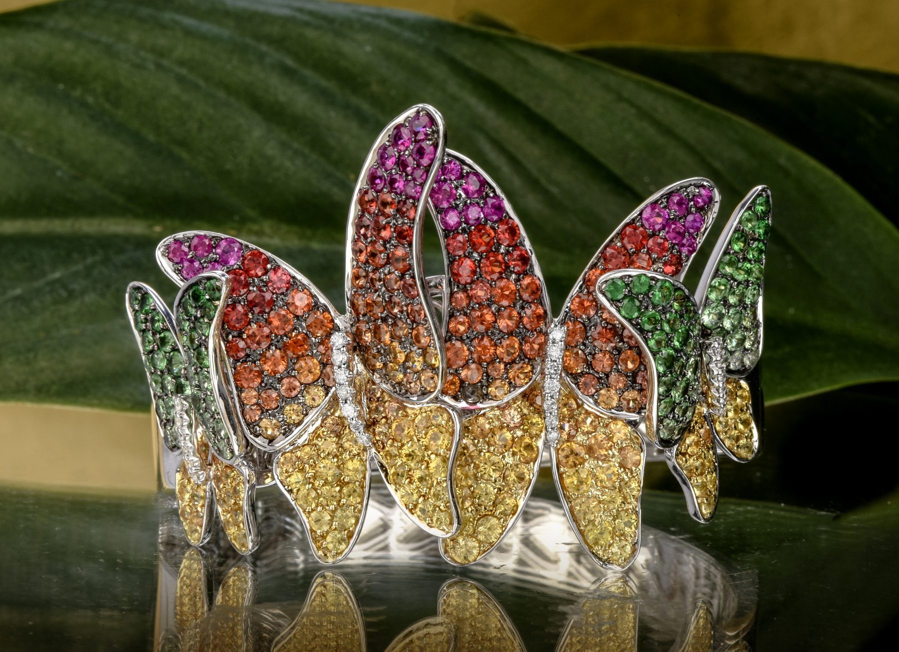 Designer Diamond Multicolor Sapphire Tsavorite 18K Gold Butterfly Rainbow Bangle Bracelet