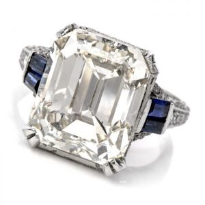 Skip to the end of the images gallery Skip to the beginning of the images gallery GIA 11.06cts Diamond Sapphire Platinum Emerald Cut Filigree Engagement Ring