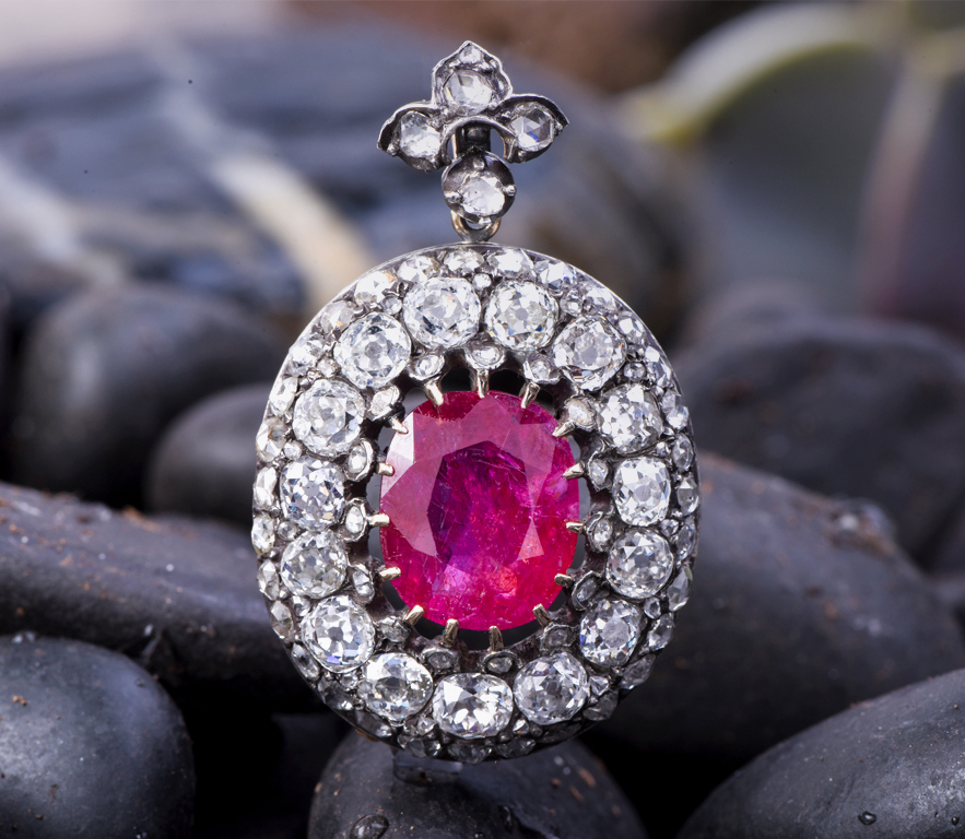 Antique Rare Burma Ruby No Heat Diamond Gold Pendant