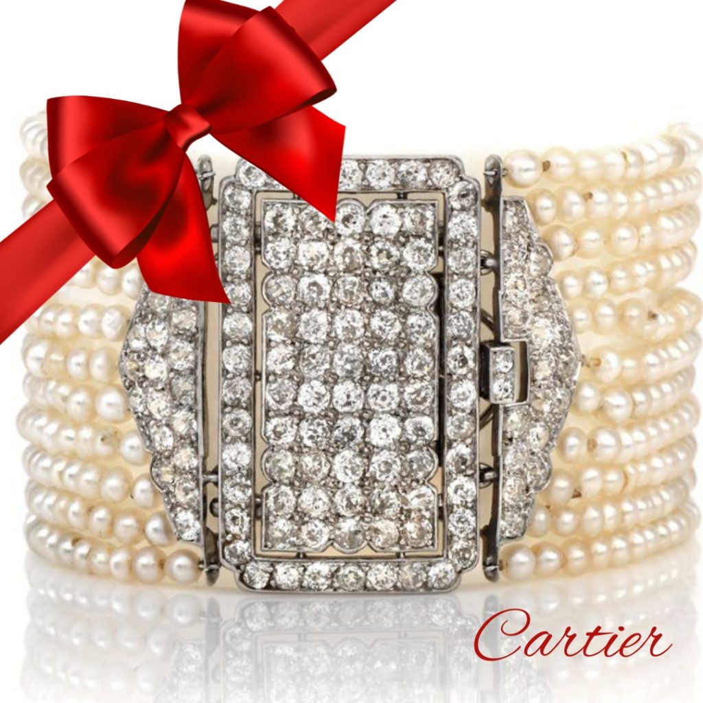 Cartier Antique Diamond Pearl Platinum Cluster Multi-Strand Bracelet