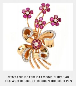 Vintage Retro Diamond Ruby Yellow Gold Flower Bouquet Ribbon Brooch Pin