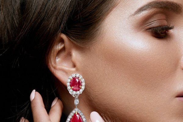 Estate Diamond Ruby Platinum Halo Dangle Drop Day Night Earrings Dover Jewelry Miami