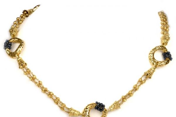Estate Etruscan Sapphire Bead Yellow Gold Necklace