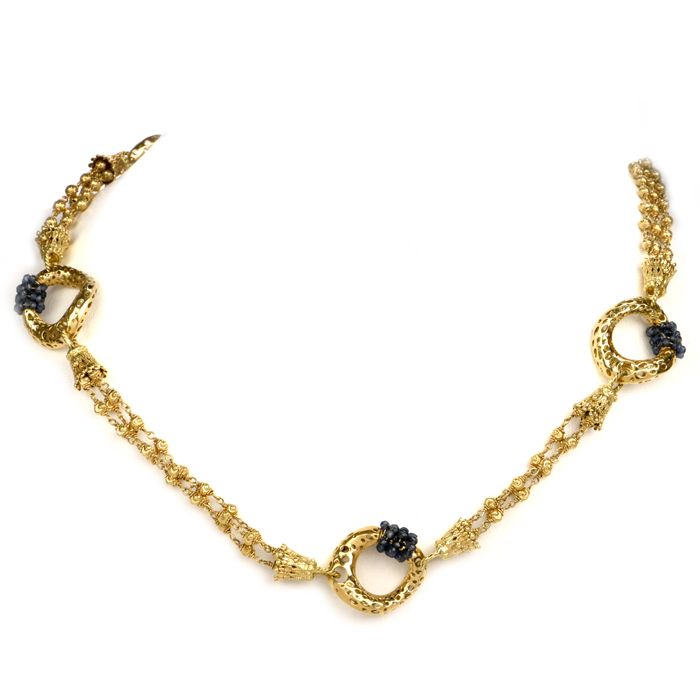 Estate Etruscan Sapphire Bead Yellow Gold Necklace