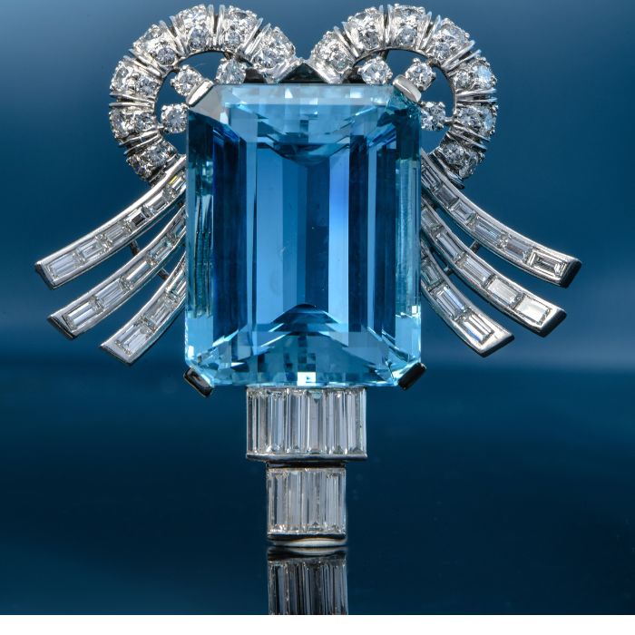 Art Deco GIA Aquamarine Diamond Platinum Brooch Pin Pendant