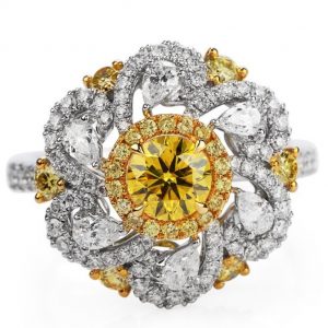 GIA Fancy Vivid Yellow Diamond 18K Gold Flower Cocktail Engagement Ring