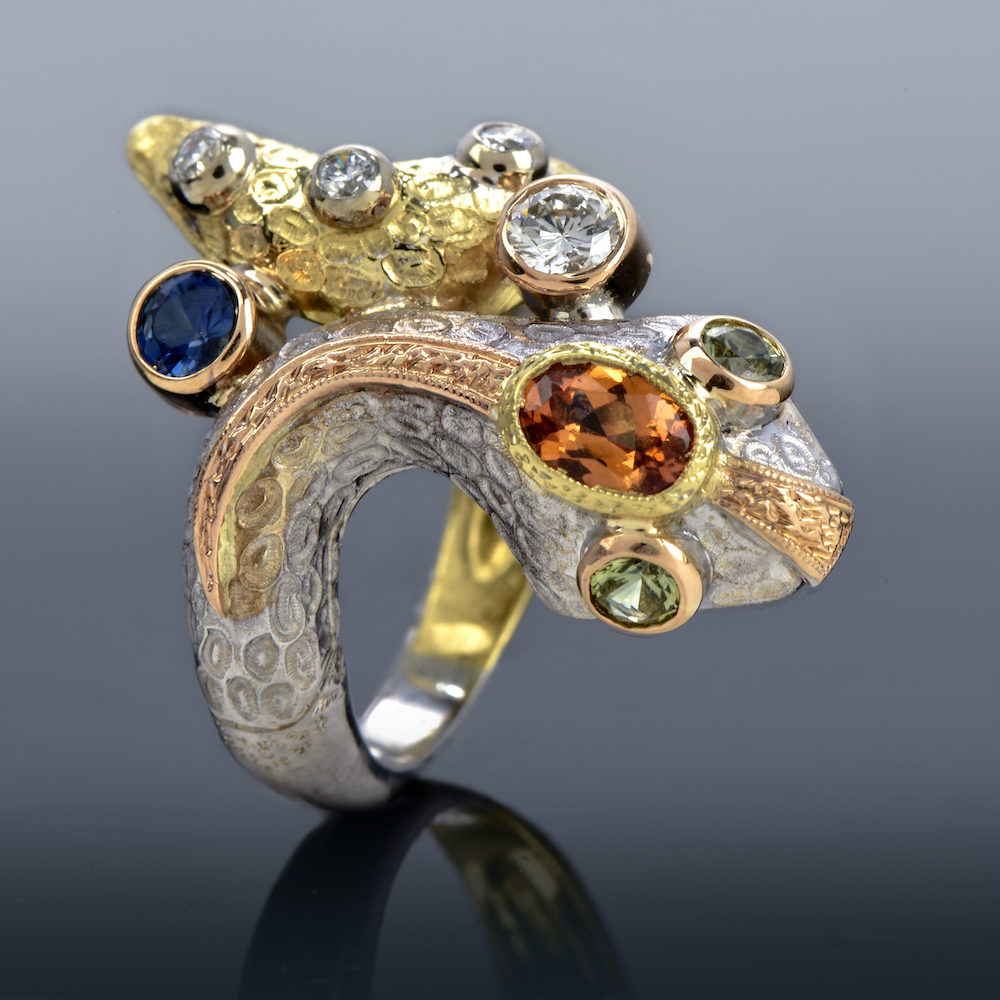 Gazzaniga Diamond Sapphire 18K Gold Snake Bypass Ring