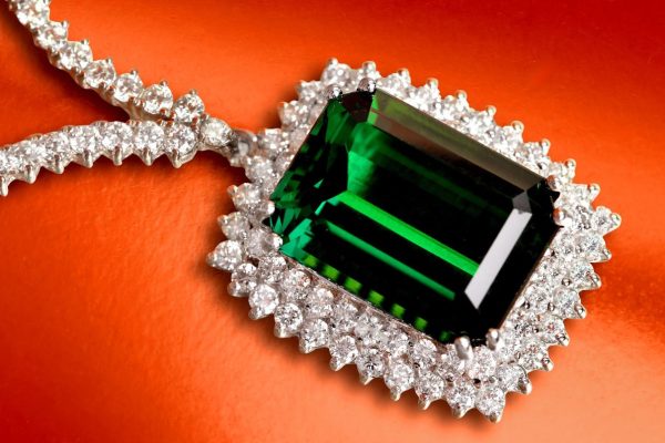 Estate diamond and 15.68 carat green tourmaline necklace in 18K gold — October birthstone jewelry
