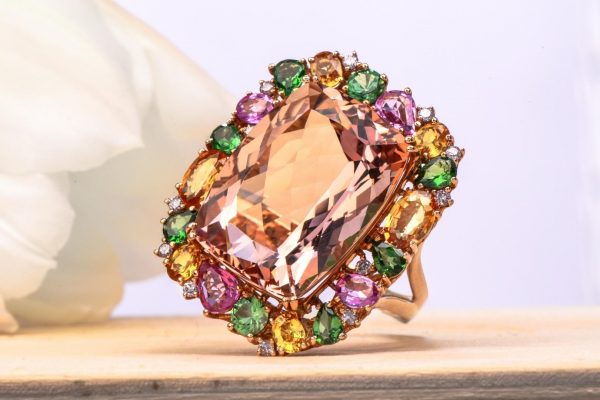 GIA MORGANITE DIAMOND TSAVORITE SAPPHIRE 18K ROSE GOLD COCKTAIL RING