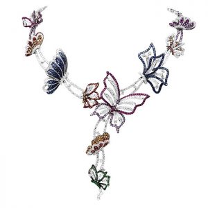 Marvelous Butterfly Diamond Multicolor Sapphire 18K White Gold Rainbow Choker Necklace