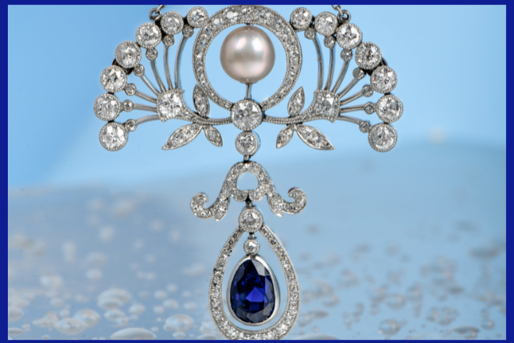 Antique Edwardian GIA Natural Pearl Sapphire Platinum Floral Pendant Necklace
