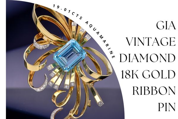 GIA Vintage 19.01cts Aquamarine Diamond 18K Gold Ribbon Pin