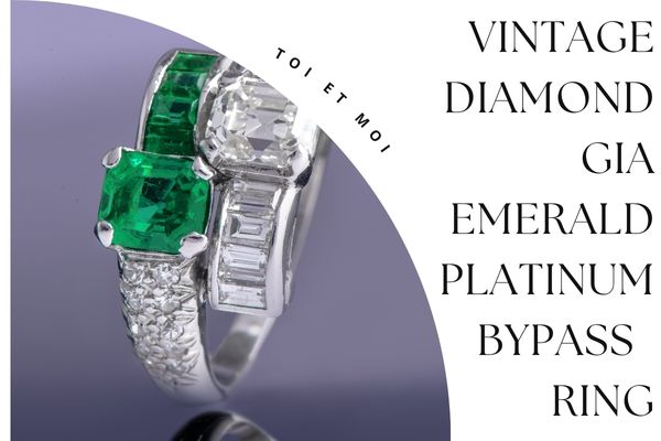 Vintage Diamond GIA Emerald Platinum Bypass Toi Et Moi Ring