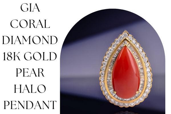 GIA Coral Diamond 18K Gold Pear Halo Pendant