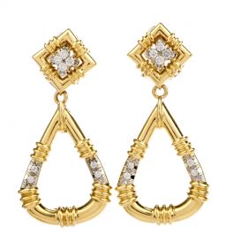 Estate Diamond 18K Yellow Gold Hoop Dangle Clip On Day & Night Earrings