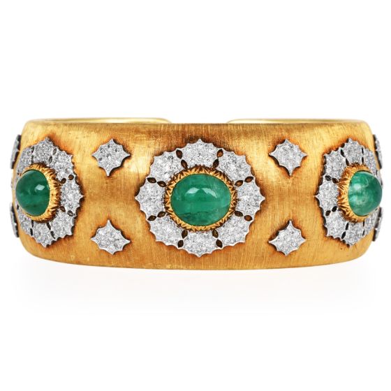Vintage Buccellati Emerald Diamond 18K Gold Rigato Cuff Bracelet|Dover Jewelry|
