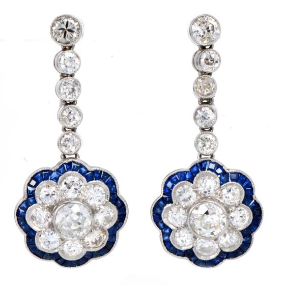 Vintage Platinum  Flower Old Mine Cut Diamonds Sapphires Dangle Drop Earrings | Dover Jewelry|