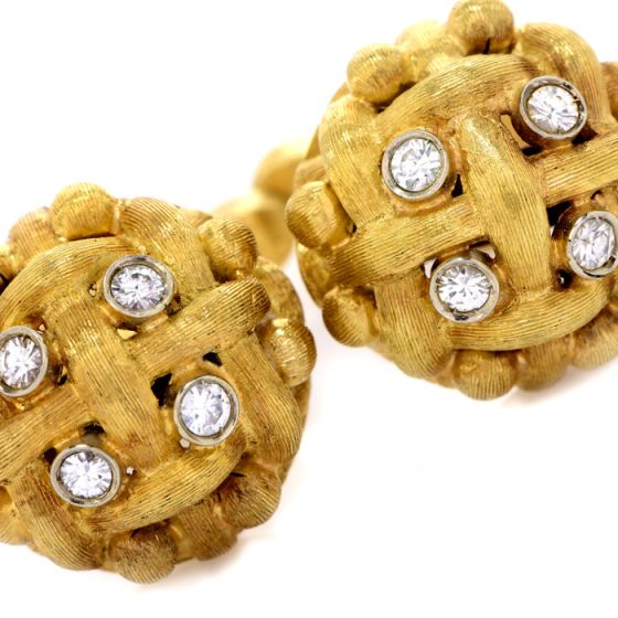 Vintage Retro Diamond 18K Gold Woven Signed Cufflinks