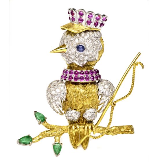 Vintage Diamond Ruby Sapphire Emerald 14K Gold Fishing Bird Brooch Pin