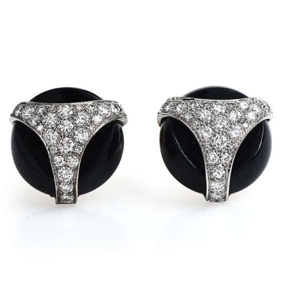 Patek Phillipe Diamond Onyx 18K Gold Retro Round Large Cufflinks 