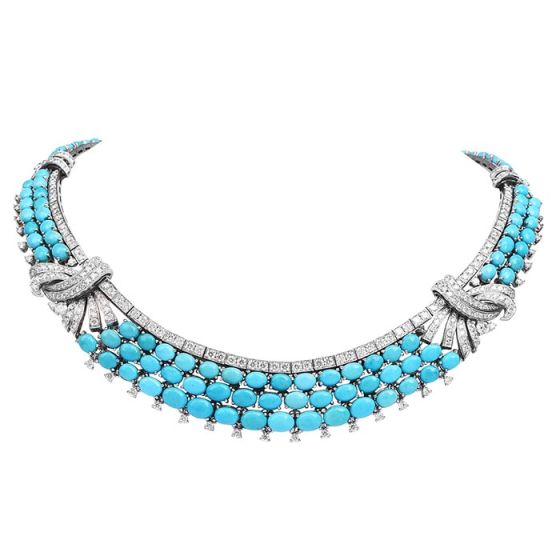 Vintage 19.02ct Diamond Turquoise 18K White Gold Elegant Wide Link Necklace