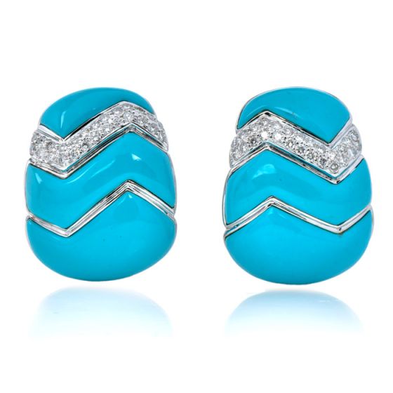 Estate Diamond Turquoise 18K White Gold Braided Large Clip On Earrings