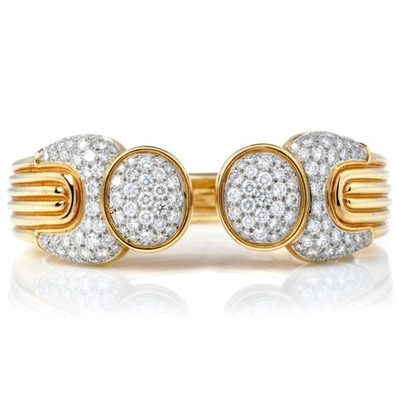 Vintage Pave Diamond 18K Yellow Gold Platinum Cluster Bypass Cuff Bracelet
