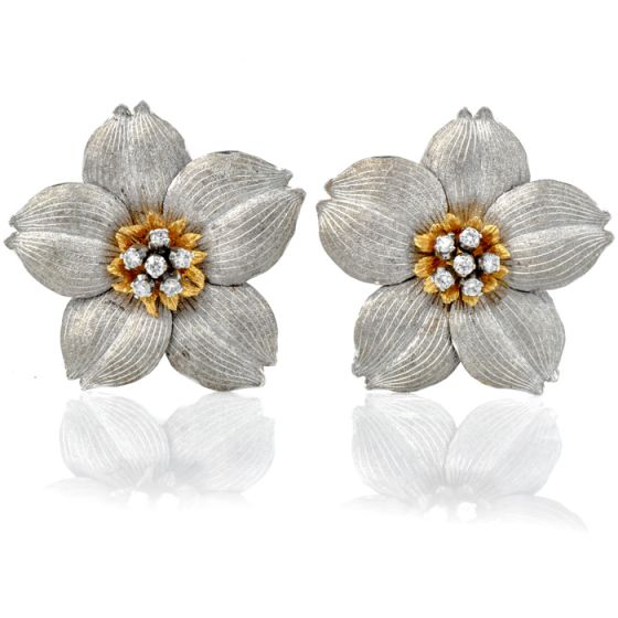 Buccellati Diamond Flower 18K Two-Tone Clip-On Earrings-Dover Jewelry