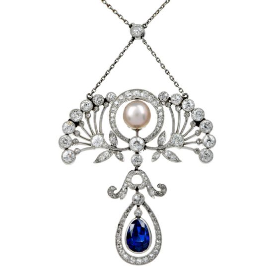 Antique Edwardian Diamond GIA Natural Pearl Sapphire Platinum  Floral Pendant Chain Necklace 