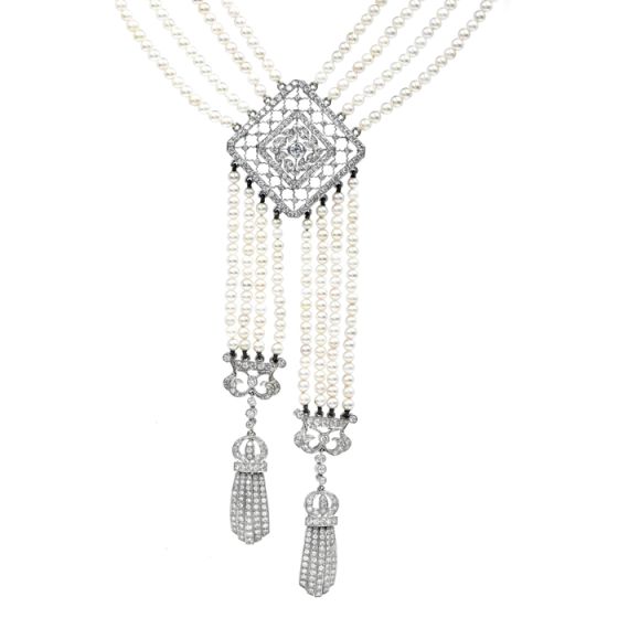 Vintage Diamond Pearl 18K White Gold Filigree Tassel Dangle Drop Necklace