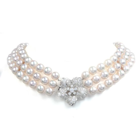 Vintage Diamond Akoya Pearl Platinum Triple Strand Choker Necklace