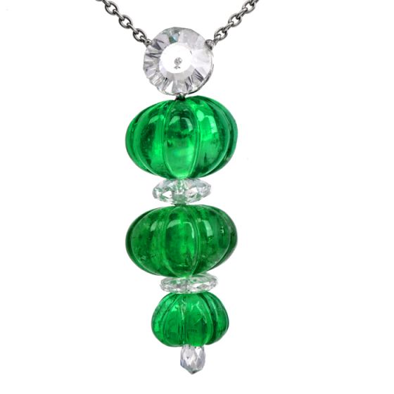 Colombian Emerald Diamond Carvin French Carved Platinum Necklace-Dover Jewelry