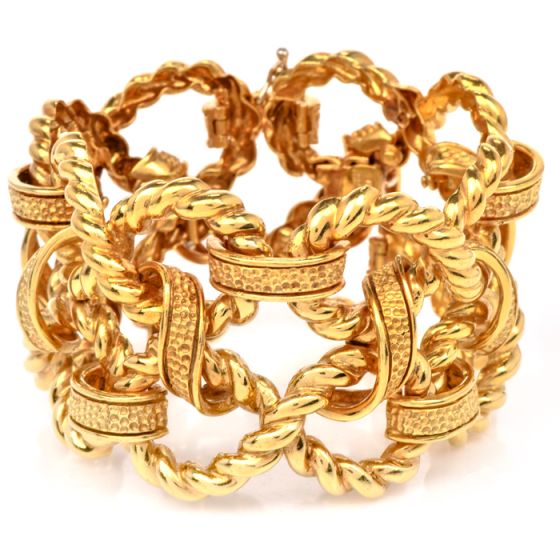 Vintage 1970s Italian 18K Gold Infinity Link Textured Woven Statement Bracelet