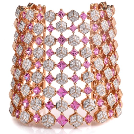 Estate Designer Paolo Costagli Sapphire Diamond 18K Pink Gold Wide Cuff Bracelet |Dover Jewelry|
