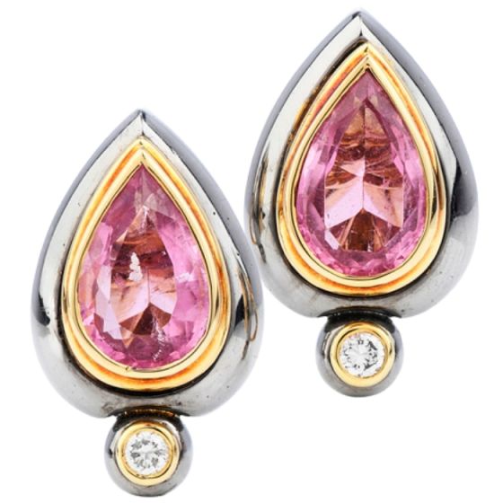 Sterle Paris Pink Tourmaline Diamonds 18K Gold Designer French Clip Modern Earrings AGL