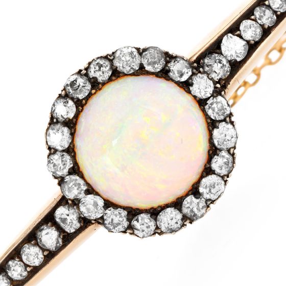 Antique Victorian Opal Diamond 14K Gold Halo Bangle Bracelet  