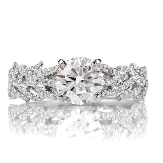 GIA Hidalgo Round Diamond 18K Gold Feather Band Engagement Ring