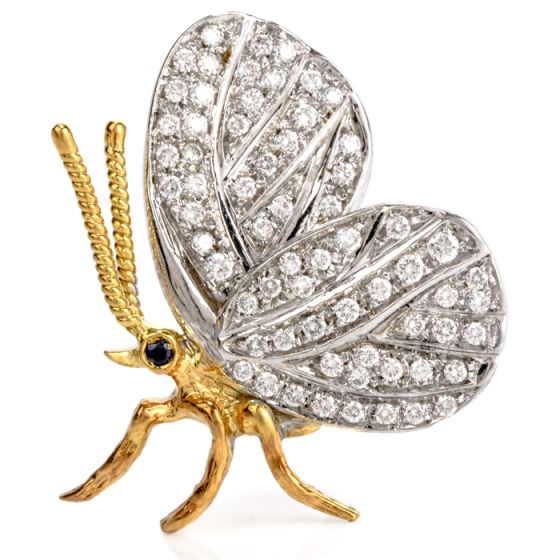 Vintage Butterfly Diamond Platinum !8k Gold Pin