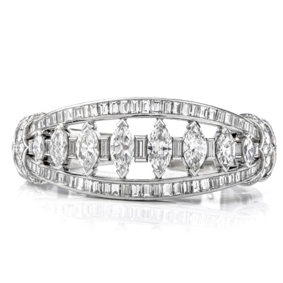 Vintage 16.95ct Marquise Diamond Platinum Gold Cuff Bangle Bracelet