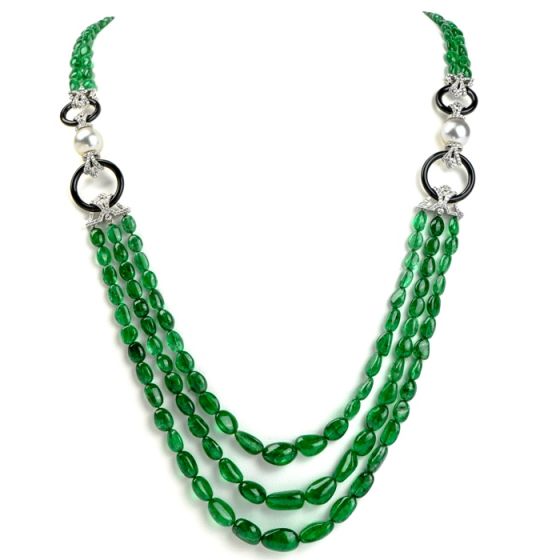 Diamond, GIA Emerald, Pearl & Onyx Multistrand Necklace in 18K White Gold