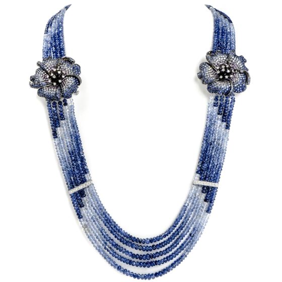 Diamond Sapphire 18K Gold Flower Multistrand Ombre Necklace Brooch 